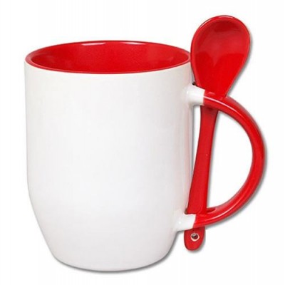 500605- WHITE/RED SUBLIMATION BLANK CERAMIC COFFEE MUG WITH SPOON